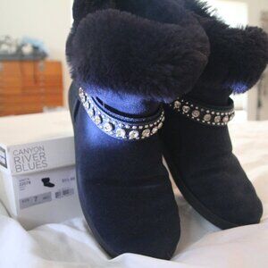 Boots, Navy blue with faux fur & crystals. Size 7. Canyon River Blue. Like New.
